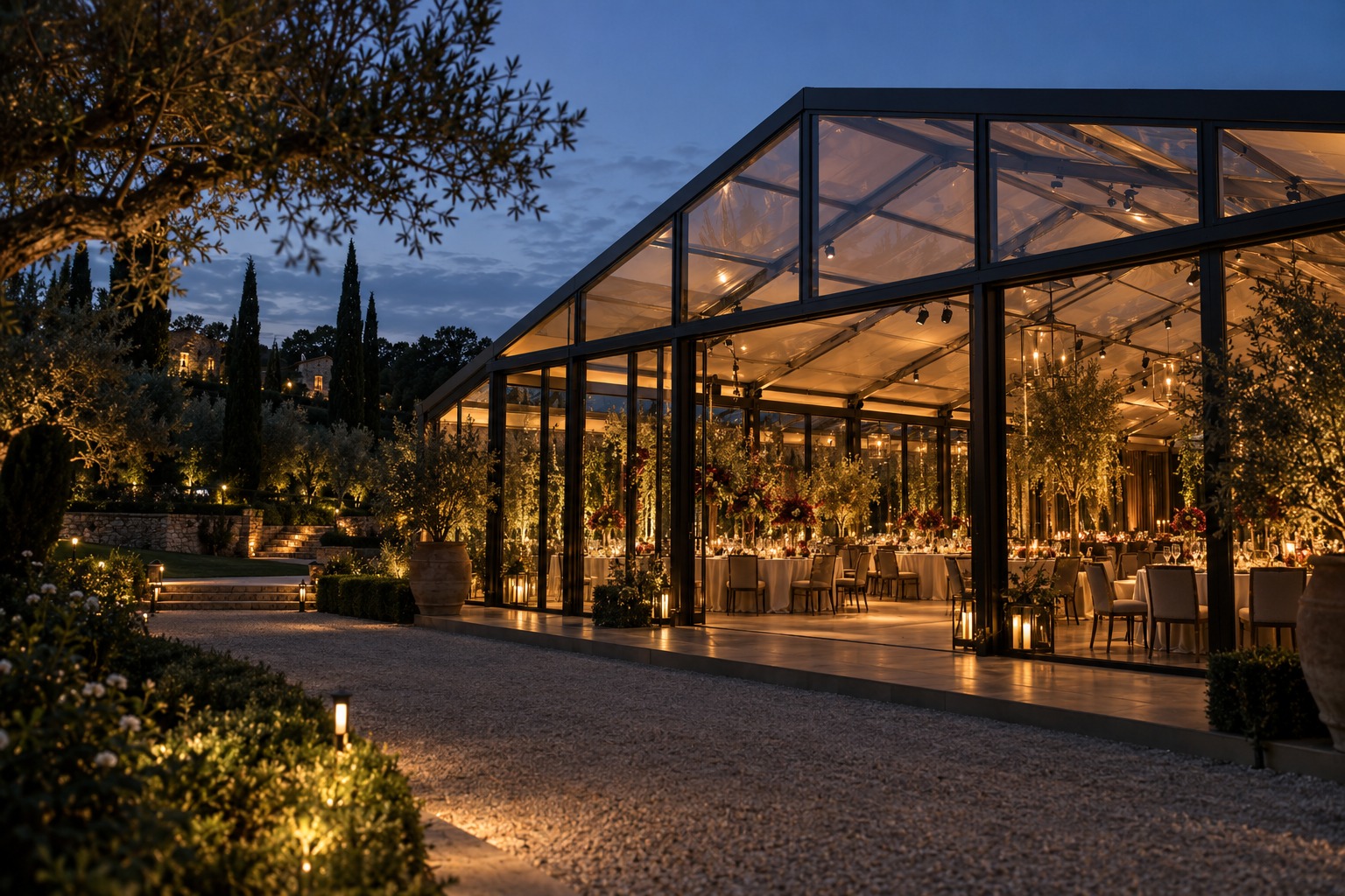 Verlichte glazen orangerie met gedekte dinertafels en olijfbomen in een tuin bij schemering